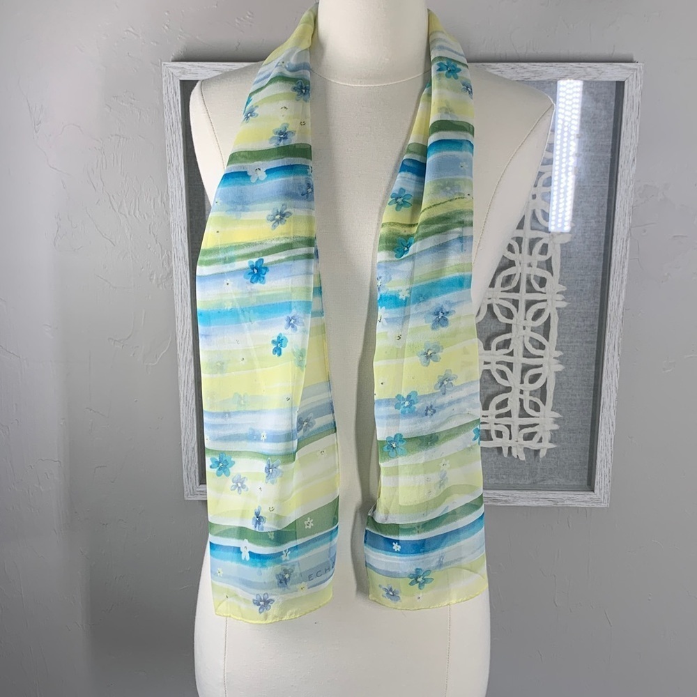 Echo silk scarf green yellow blue flowers and stripes print